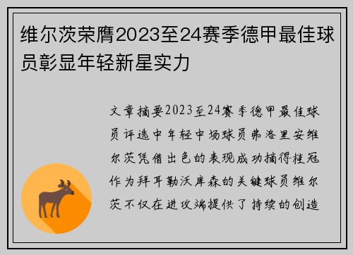 维尔茨荣膺2023至24赛季德甲最佳球员彰显年轻新星实力