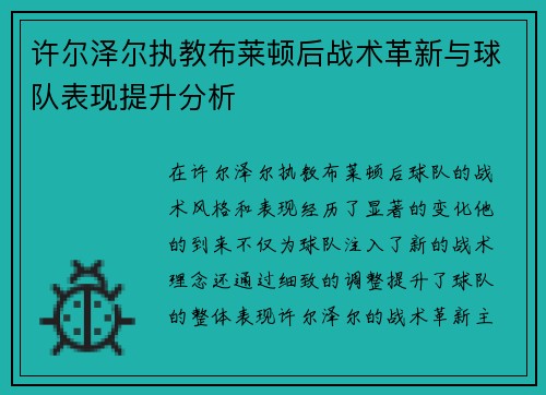 许尔泽尔执教布莱顿后战术革新与球队表现提升分析
